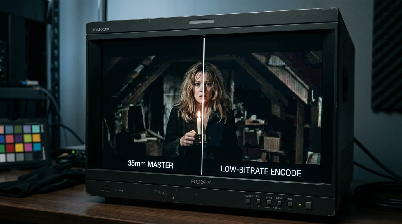 Sony monitor showing a split-screen test comparing a clean 35mm film master against a pixelated low-bitrate video encode.