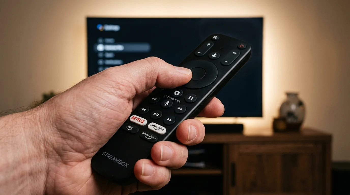 A person holds a black streaming remote control pointed toward a television screen displaying an on-screen menu.