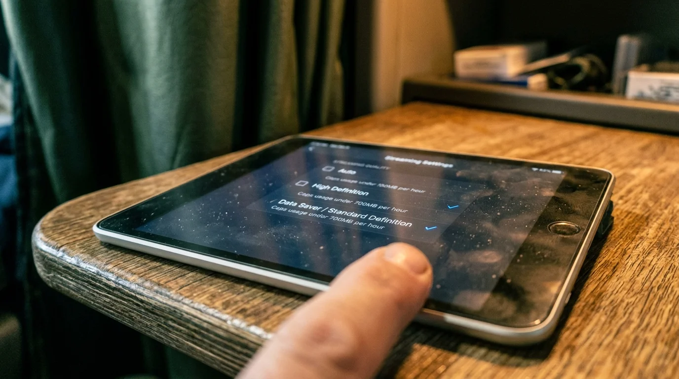 A finger taps the Data Saver and Standard Definition streaming quality option on a tablet screen.