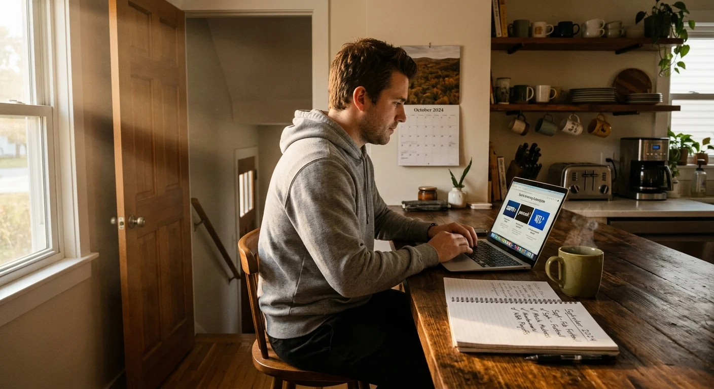 A man seated at a wooden counter uses a laptop next to a steaming mug and a handwritten notebook.