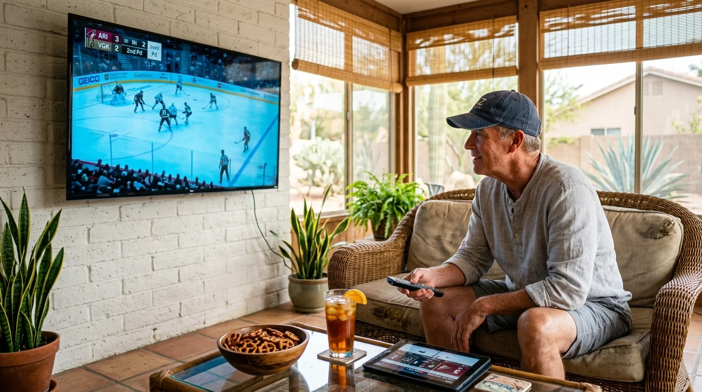 A man wearing a baseball cap sits on a wicker couch in a sunroom, watching a televised hockey game with a remote in hand.
