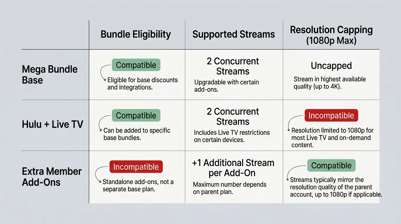 Table comparing Mega Bundle Base, Hulu + Live TV, and Extra Member Add-Ons across eligibility, streams, and resolution capping.