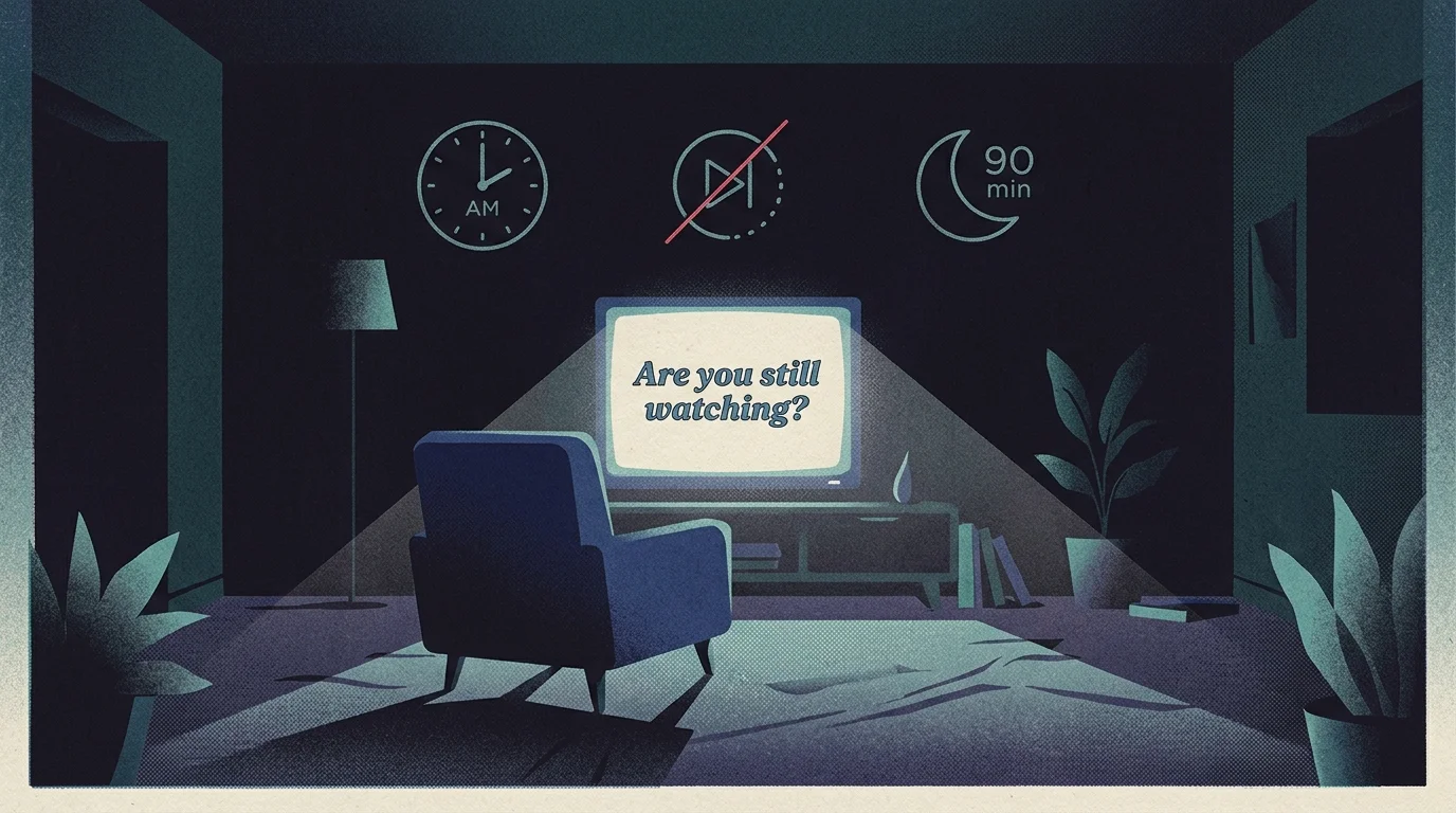 Illustration of a glowing television in a dark living room reading Are you still watching? with night icons above.