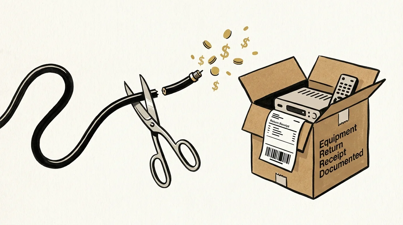 Scissors cutting a black cable as coins spill out, beside a box containing a cable box, remote, and return receipt.