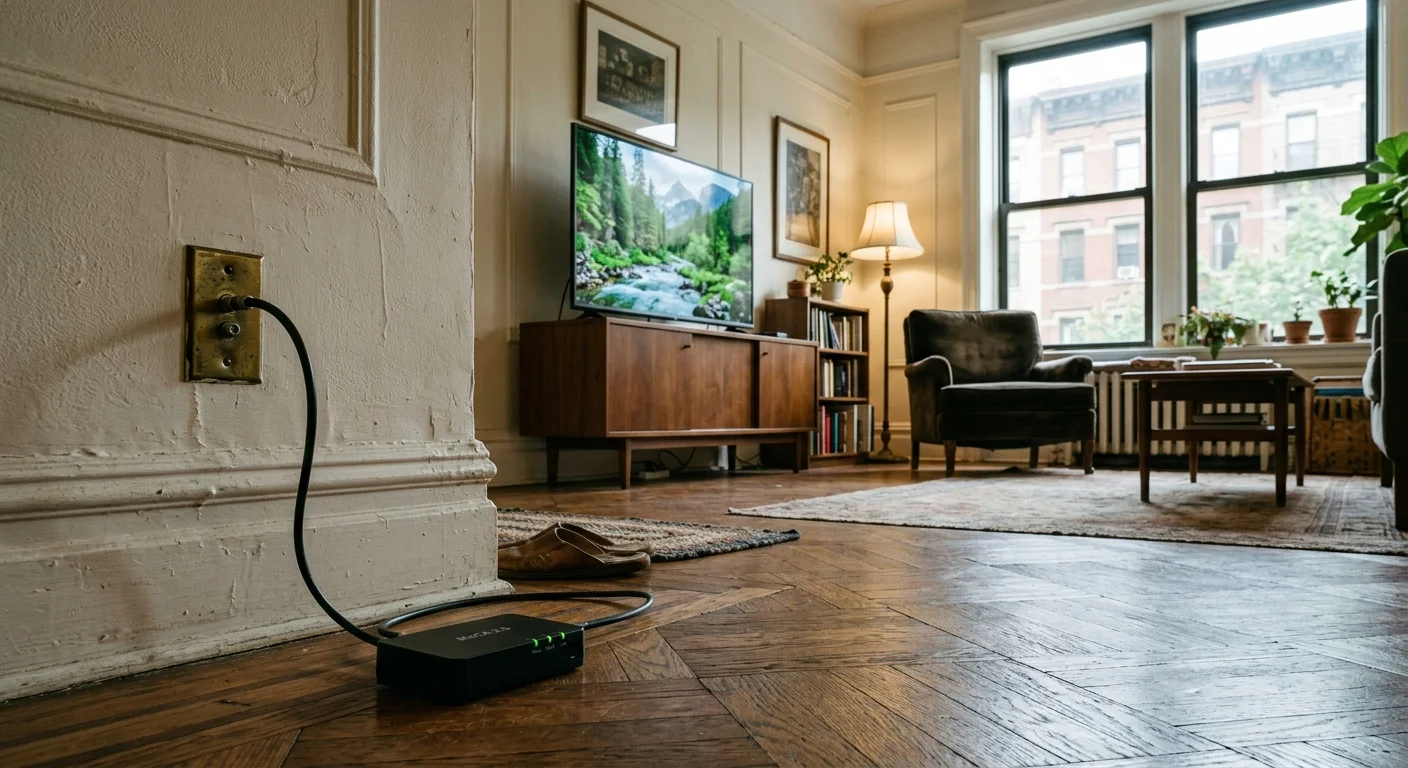 A black MoCA 2.5 adapter sits on a herringbone wood floor, plugged into a brass wall coaxial outlet in a living room.