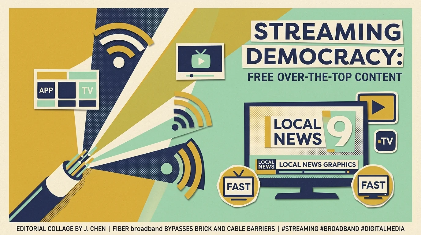Graphic of a fiber-optic cable projecting Wi-Fi signals toward a television screen displaying local news and FAST icons.