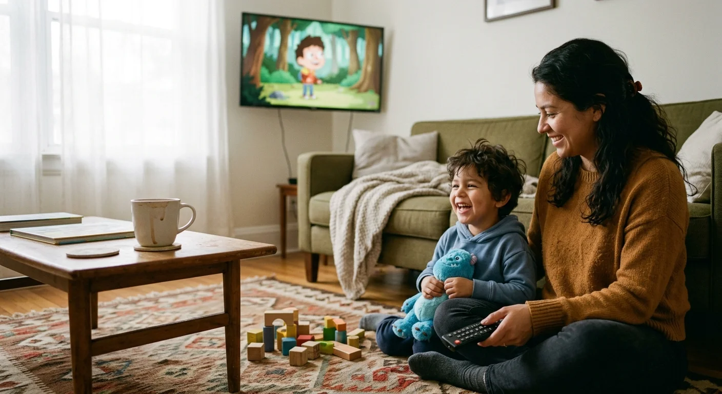 A smiling woman and young boy sit on a living room rug watching an animated cartoon on a wall-mounted television.