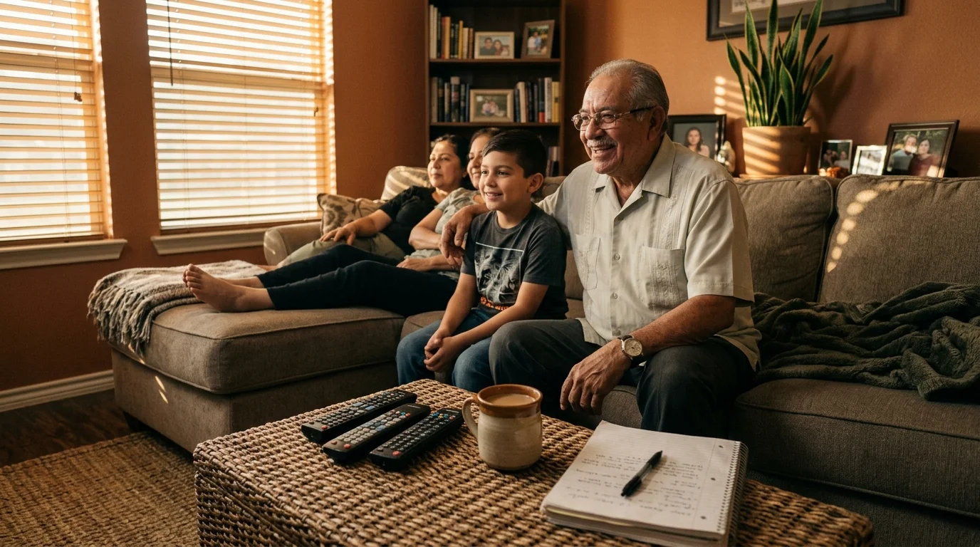 Multi-generational Hispanic family smiling together on a living room sofa near remote controls on a coffee table.