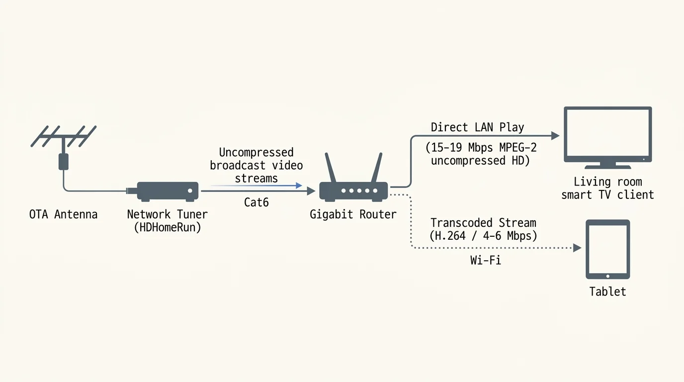 Diagram of an OTA antenna and tuner routing uncompressed broadcast streams through a gigabit router to a TV and tablet.