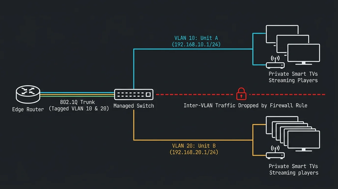 Diagram of an edge router, switch, and trunk line separating network traffic between Unit A and Unit B with a firewall lock.