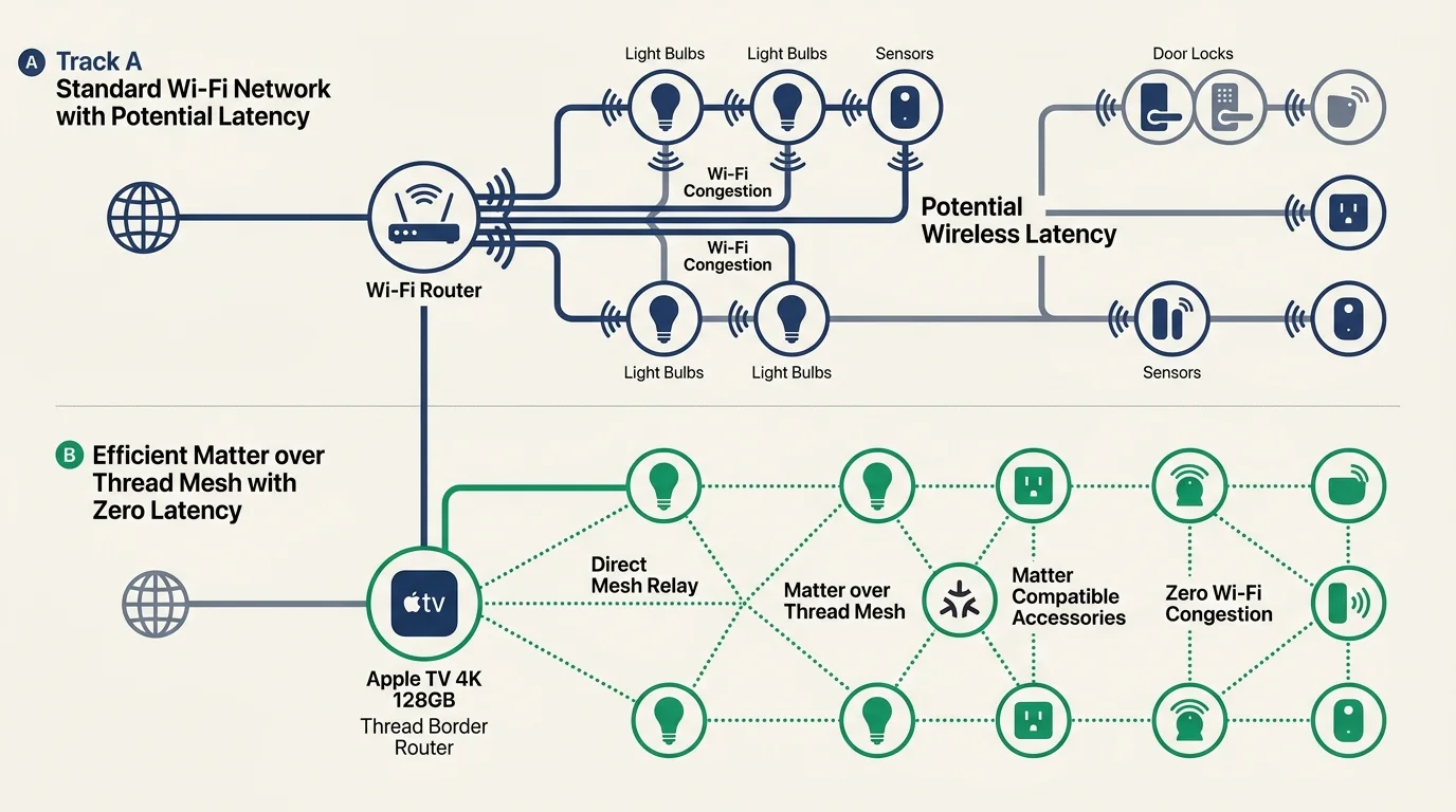 Diagram comparing a standard Wi-Fi network with potential latency against an Apple TV 4K 128GB Matter over Thread mesh network.