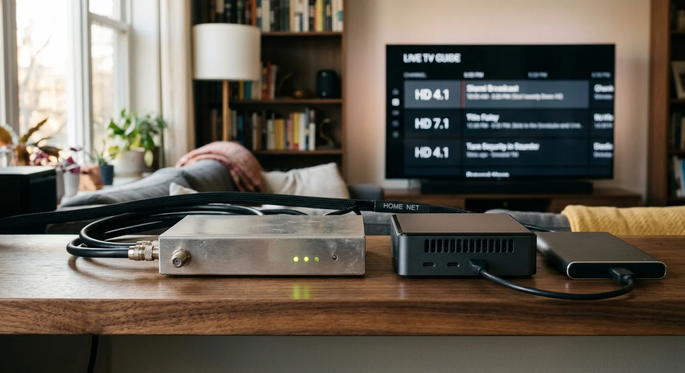 Tuner hardware, a mini PC, and a hard drive on a wooden shelf in front of a TV displaying a live guide.