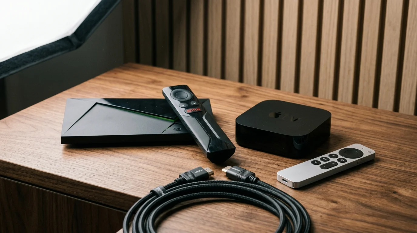 Nvidia Shield TV Pro and Apple TV 4K with remotes and a coiled black HDMI cable on a wooden tabletop.
