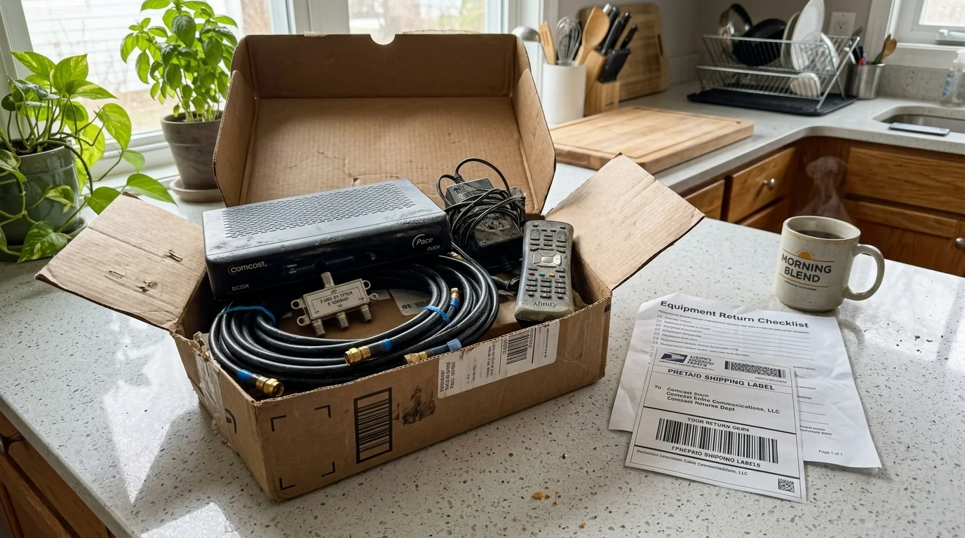 Cardboard box packed with a cable box, remote, cords, and splitter next to a return checklist and shipping label.