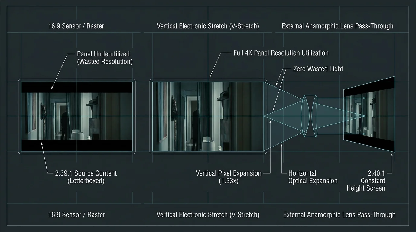 Diagram showing letterboxed sensor output, vertical stretch scaling, and anamorphic lens expansion onto a scope screen.