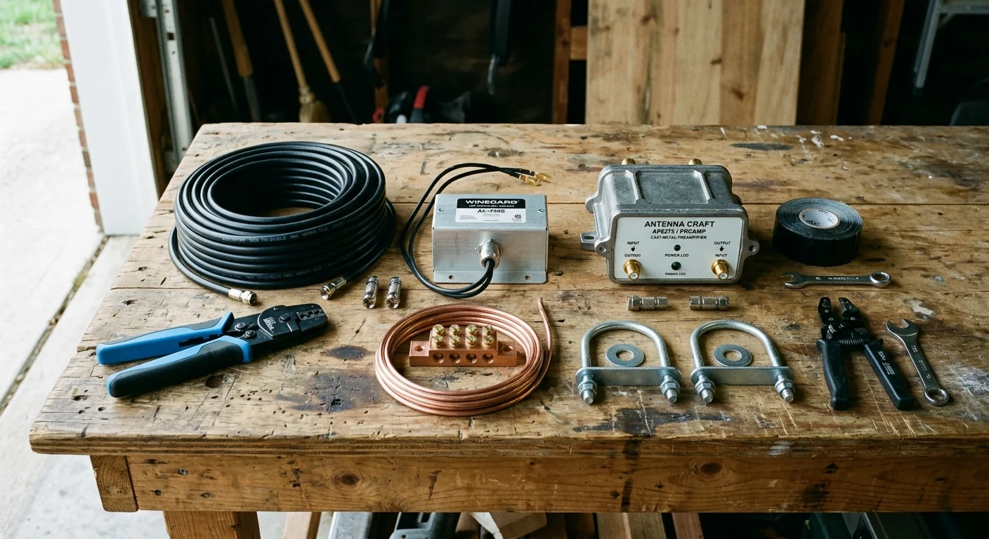 Coaxial cable, preamplifier boxes, grounding wire with a terminal block, crimping tools, and U-bolts laid on a wooden bench.