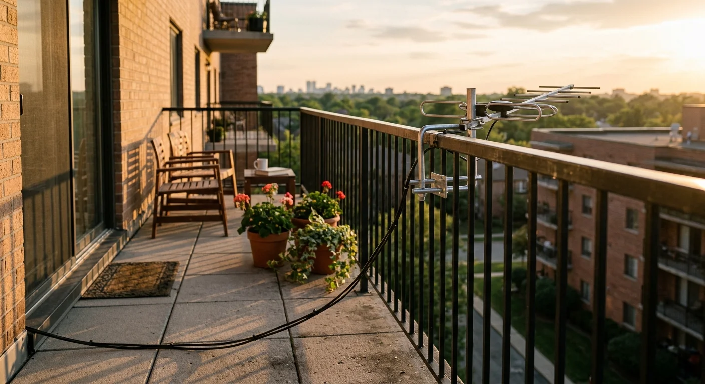 An outdoor TV antenna clamped to the railing of a high-rise apartment balcony overlooking a city at sunset.