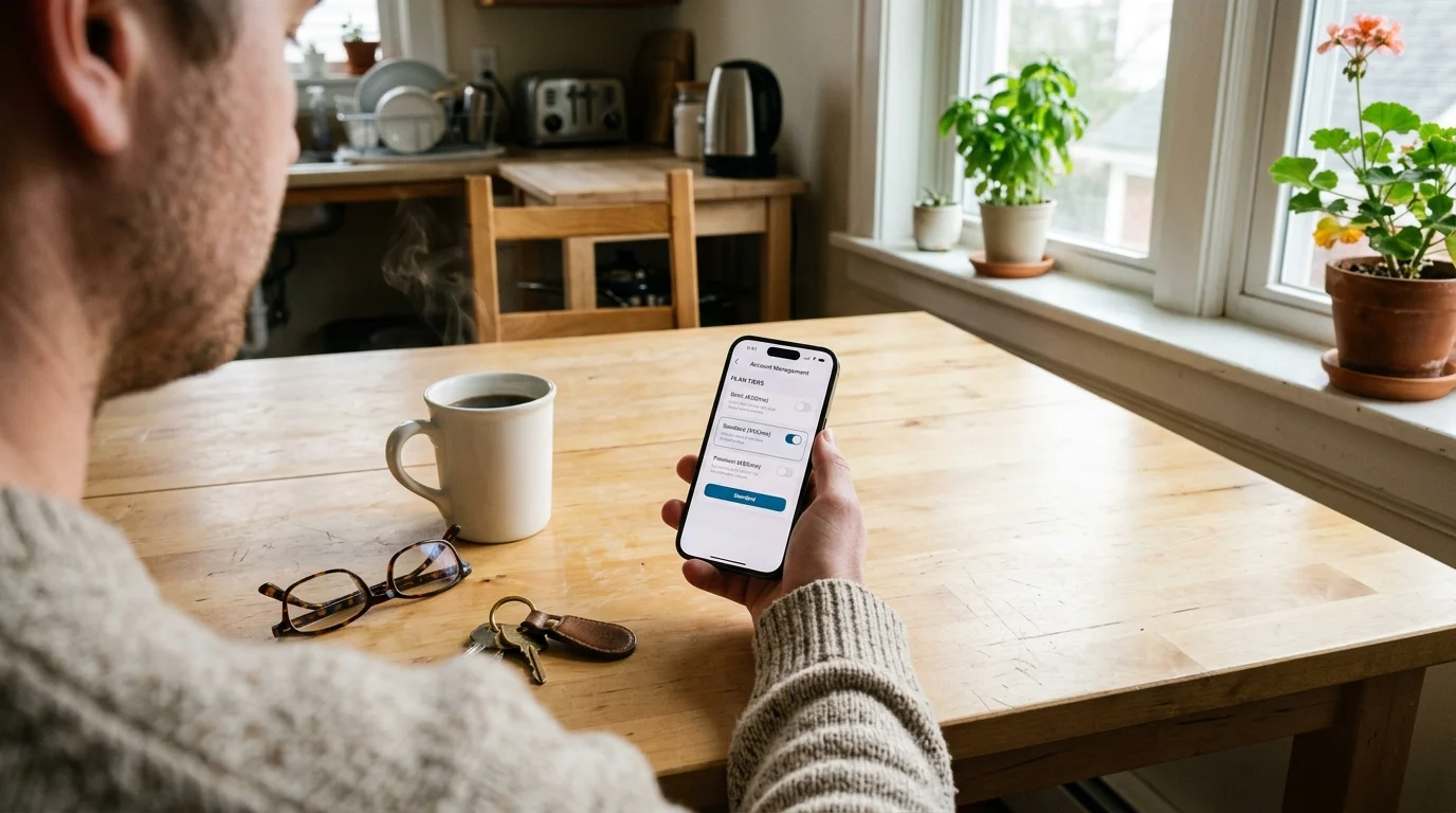 Over-the-shoulder view of a man holding a smartphone displaying an account management screen at a wooden kitchen table.