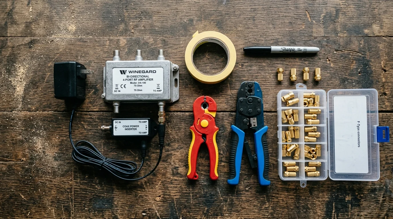 Coaxial installation tools, a 4-port RF amplifier, wire stripper, crimper, tape, marker, and F-type connectors on wood.