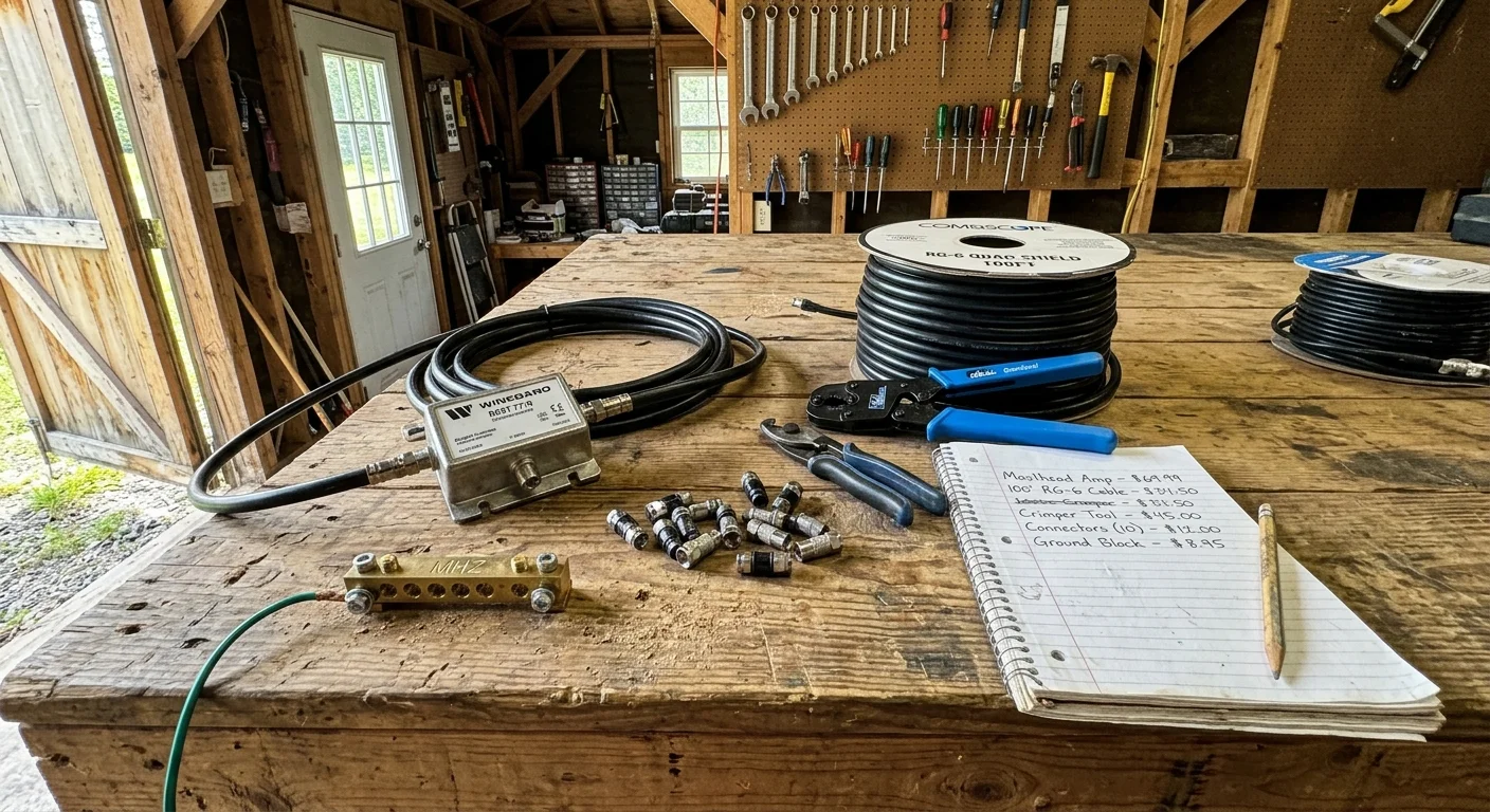 Coaxial cable spools, preamplifier, crimper tools, connectors, grounding block, and a handwritten checklist on a workbench.