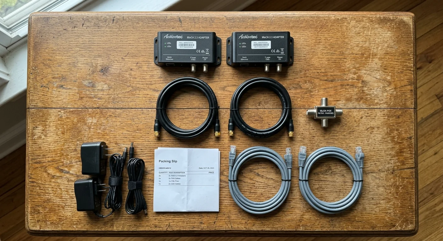 MoCA adapters, coaxial cables, Ethernet cords, power plugs, a splitter, and a packing slip arranged on a wooden table.