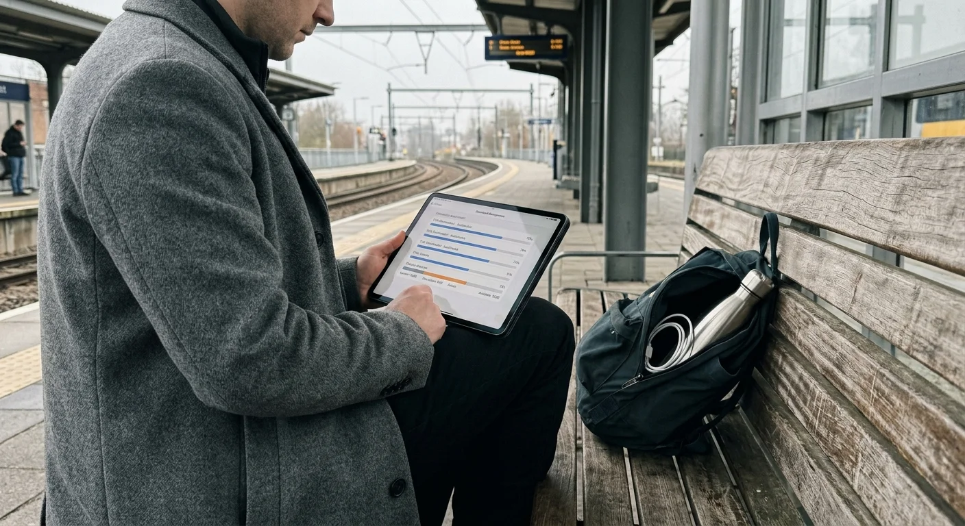 A man in a grey coat sits on a wooden bench at a train station, using a tablet displaying horizontal progress bars.