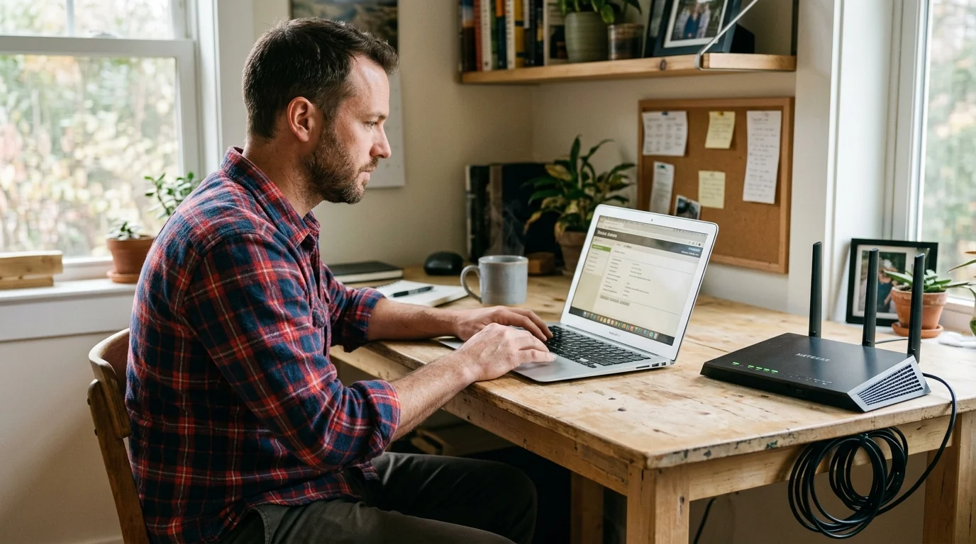 A man sits at a wooden desk typing on a laptop next to a black Wi-Fi router.