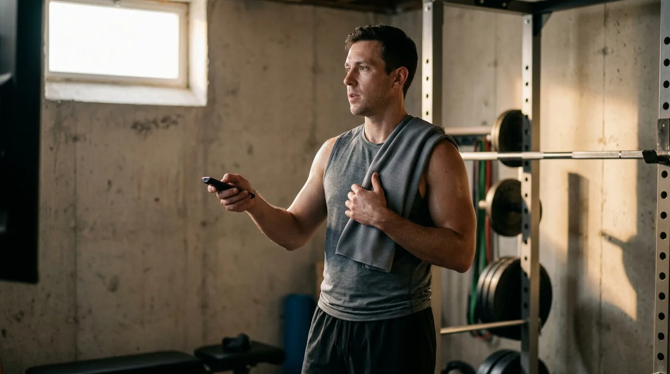 A man in athletic wear holding a remote control and a workout towel stands in front of a home gym squat rack.