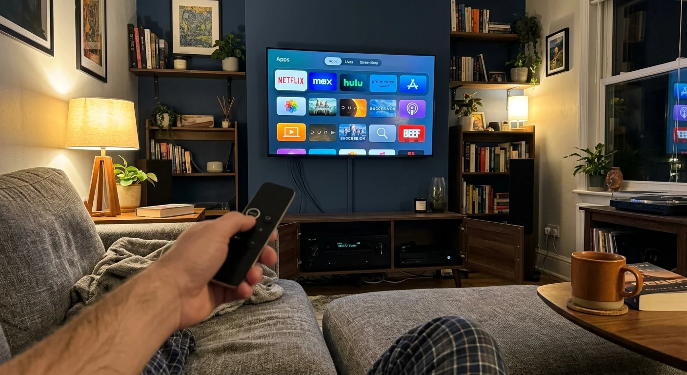 A person holding a remote on a sofa facing a wall-mounted TV showing an app menu, with an AV receiver below.