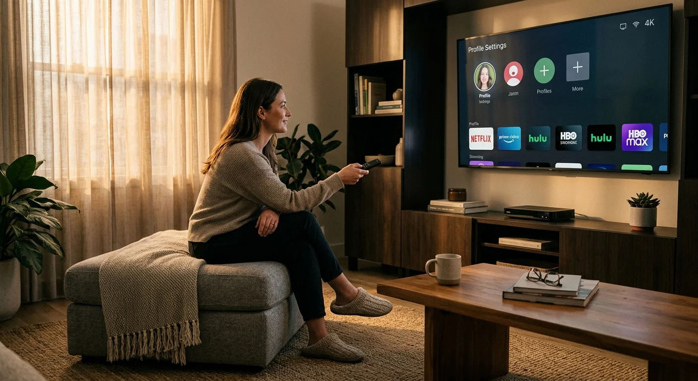 Woman sitting on an ottoman in a living room, holding a remote control aimed at a television displaying streaming apps.