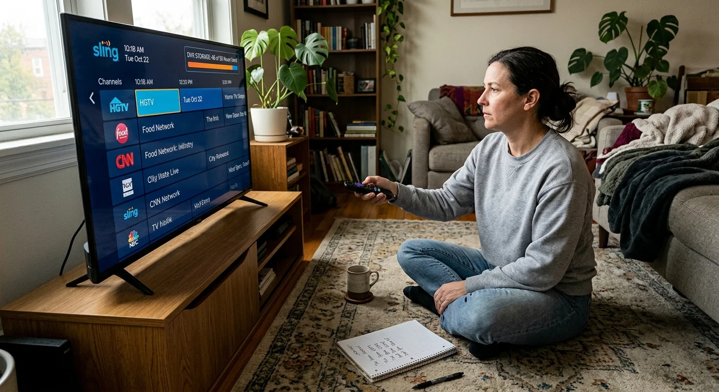 A woman sits on a rug holding a remote control pointed at a television displaying the Sling TV channel guide.