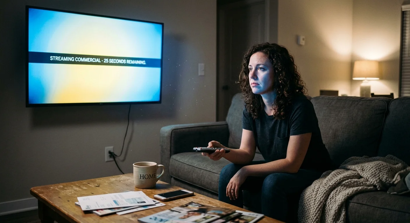 Woman sitting on a couch holding a TV remote while watching a screen displaying a streaming commercial notice.