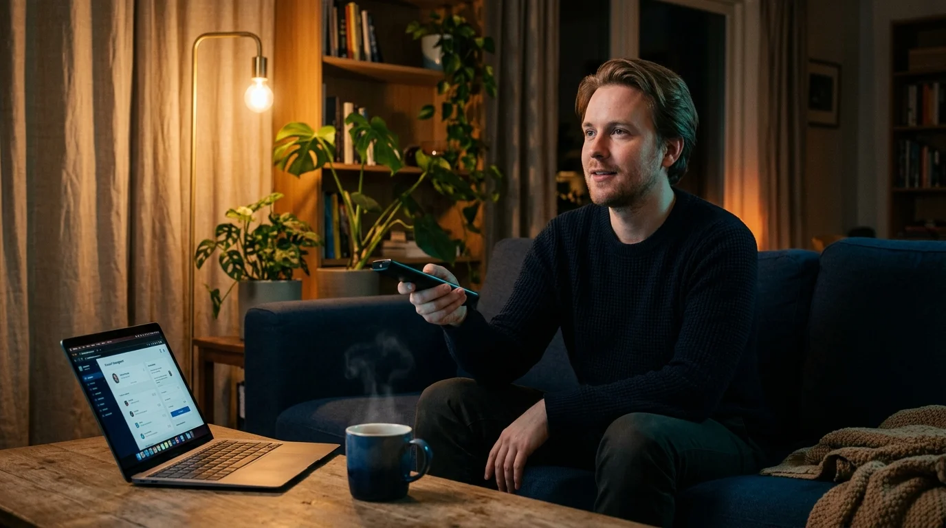 A man sits on a couch holding a remote control next to a laptop and a steaming mug on a coffee table.