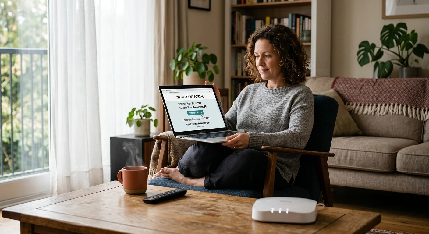 A woman sits in an armchair holding a laptop displaying an ISP portal, with a modem and mug on the coffee table.