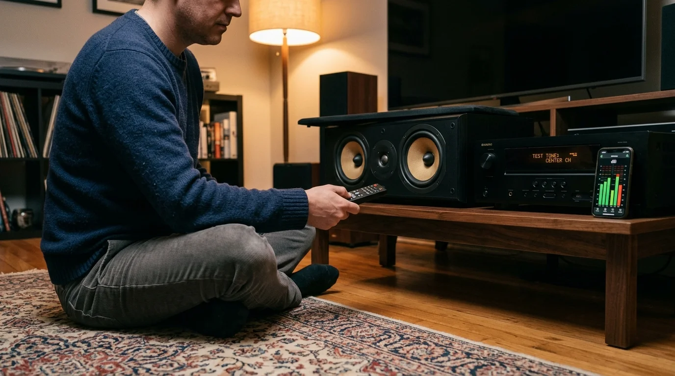 A man sits on a rug holding a remote toward an AV receiver and center channel speaker on a wooden console.