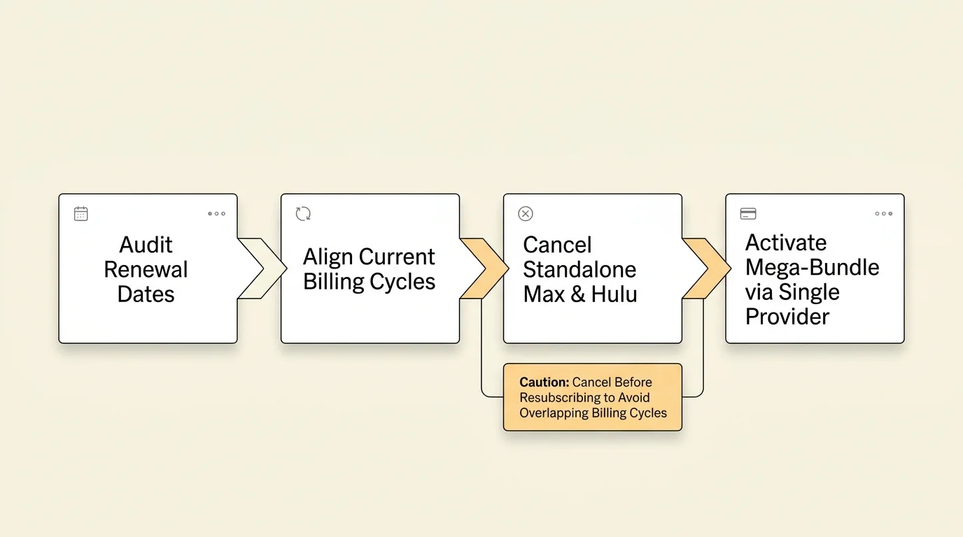 A horizontal flowchart showing four steps from auditing renewal dates to activating the mega-bundle via a single provider.
