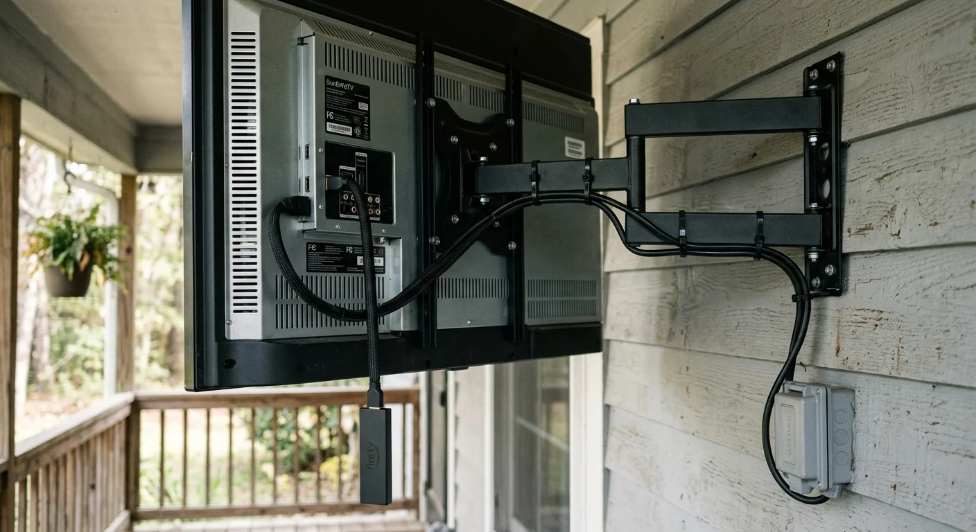 Rear view of an outdoor TV on a wall mount, with a Fire TV stick connected by a dangling extension cable.