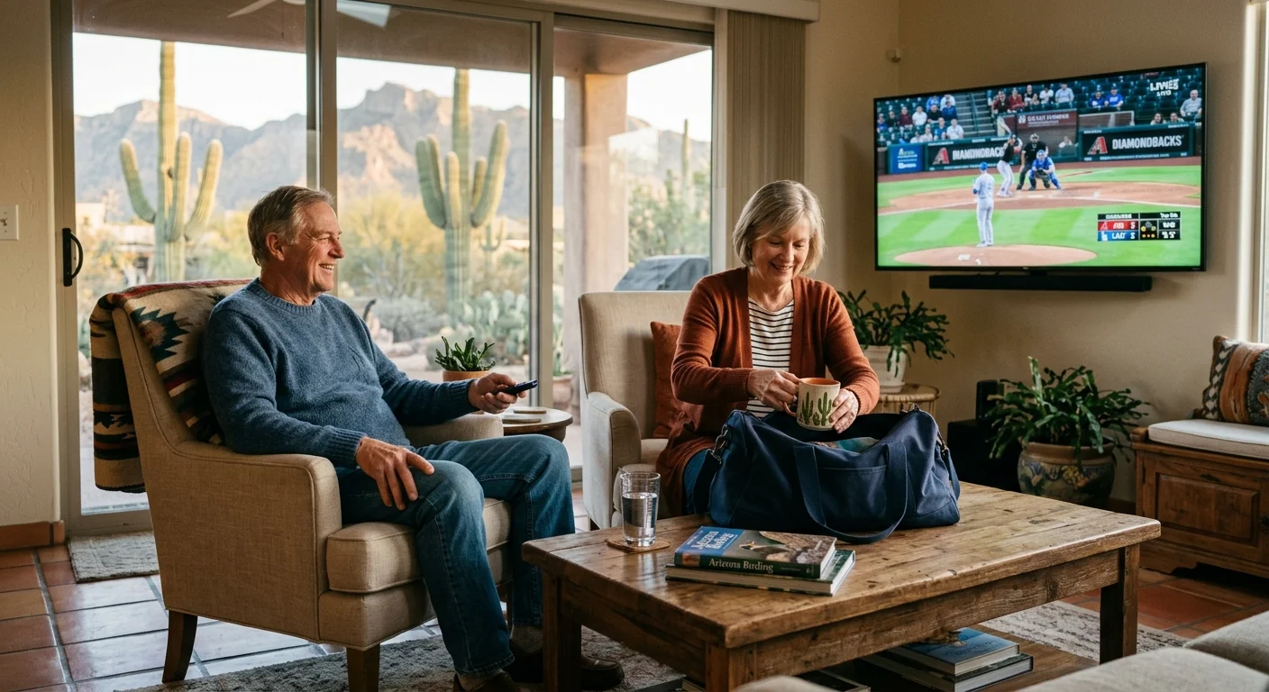 An older couple relaxes in an Arizona living room with desert views while watching a baseball game on TV.