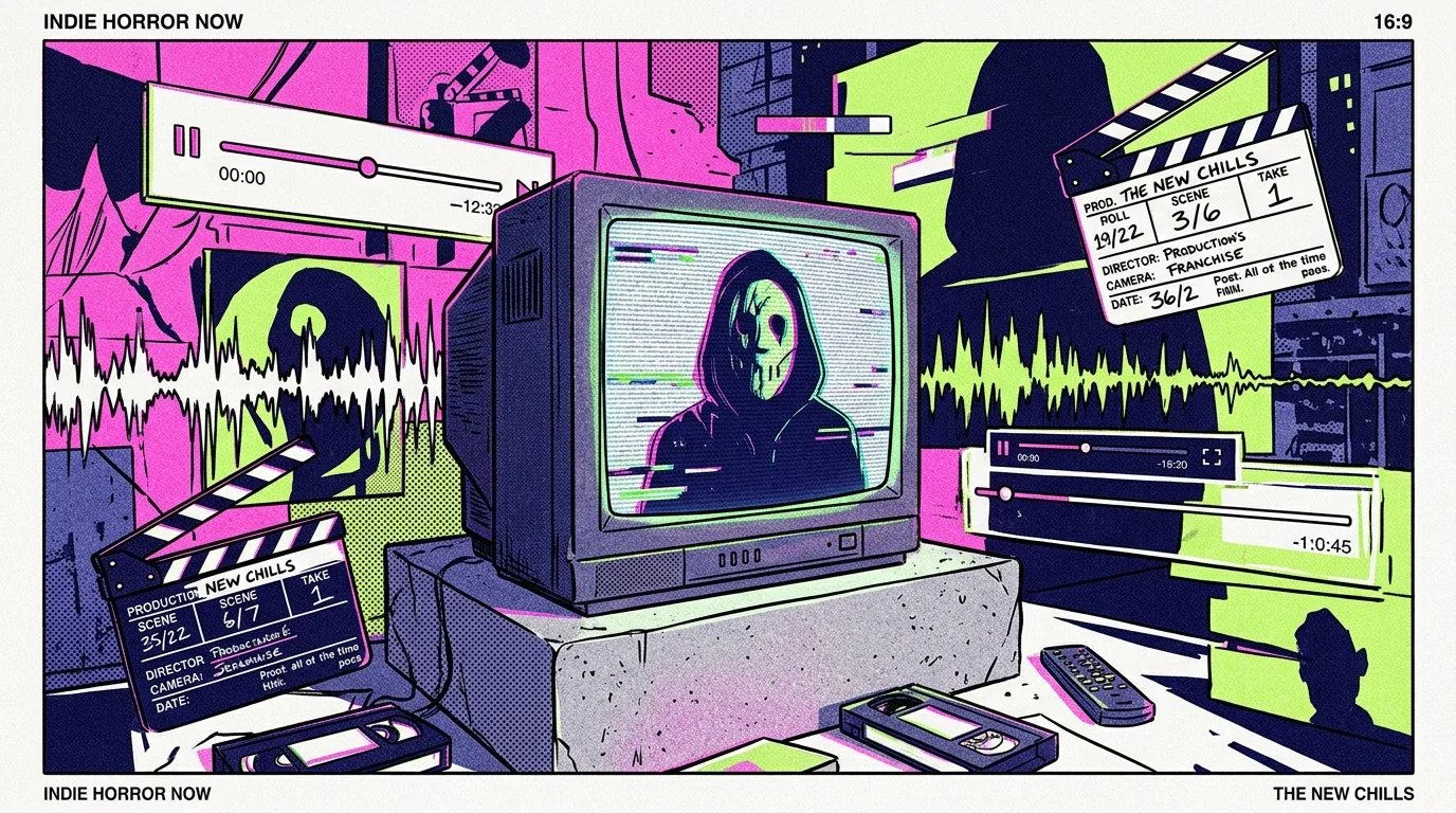 Comic book style illustration of a retro television displaying a masked figure, surrounded by clapperboards and VHS tapes.