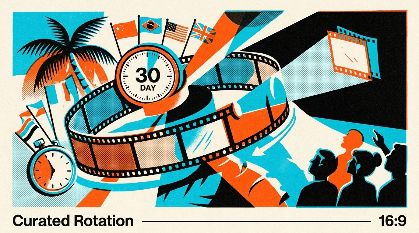 Illustration of film reels, international flags, clocks showing 30 days, palm trees, and an audience watching a screen.