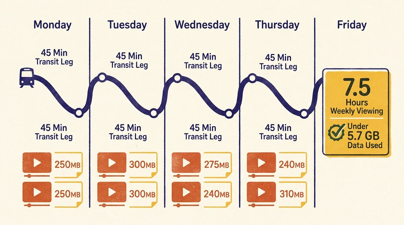 Illustrated transit schedule from Monday to Friday tracking daily 45-minute commute legs and downloaded video file sizes.