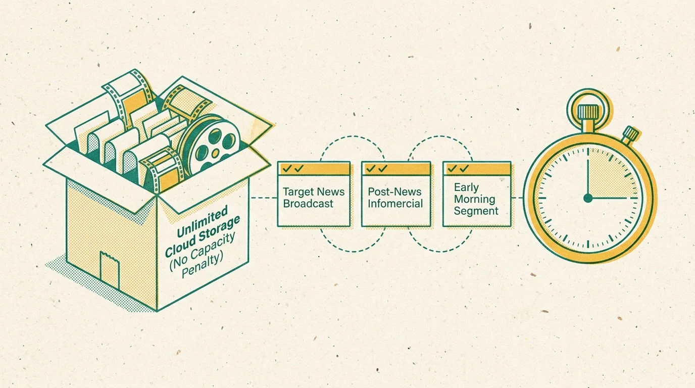 Illustration of a storage box labeled unlimited cloud DVR, linked to three program blocks and a stopwatch.