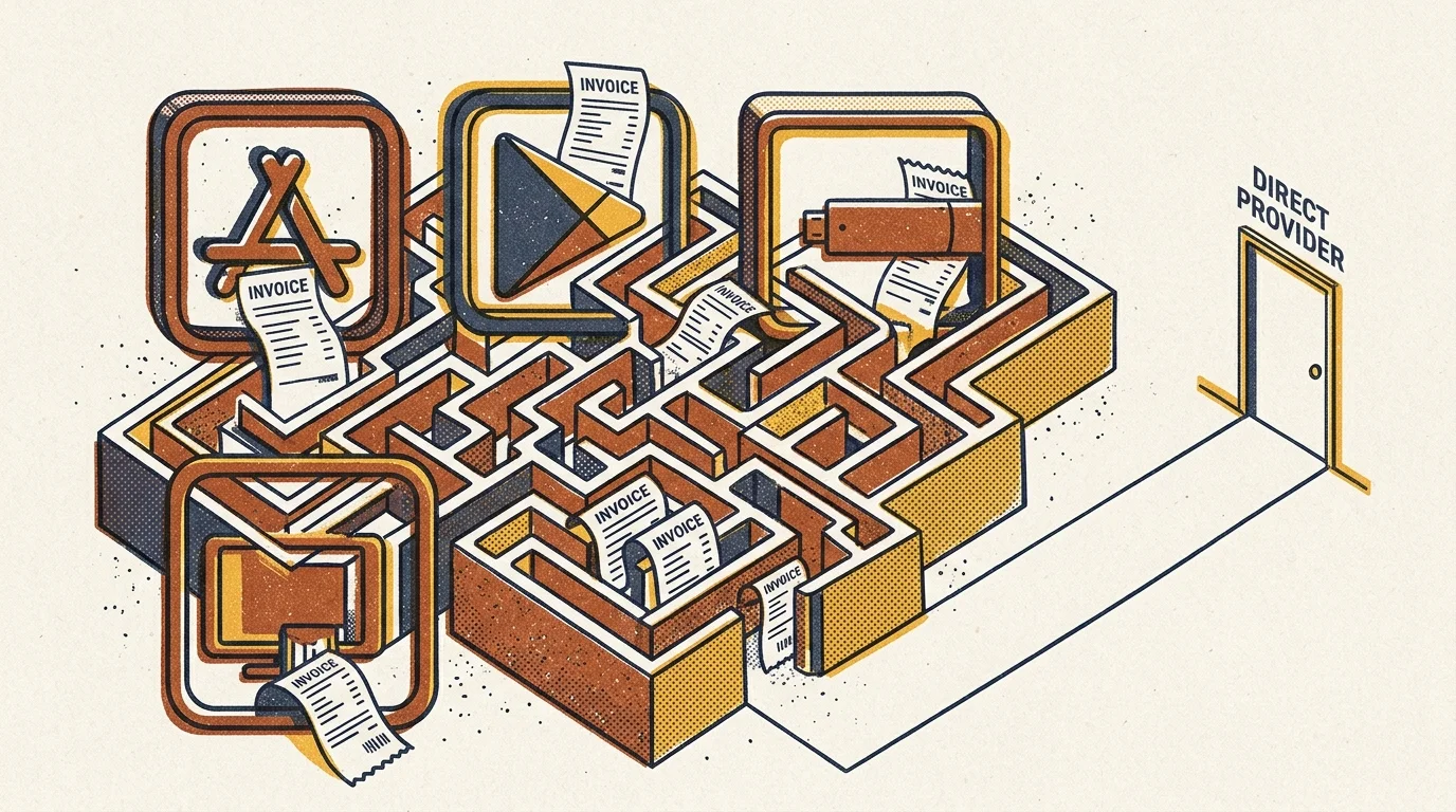 Illustration of a maze filled with invoices and app store icons leading toward a direct provider door.