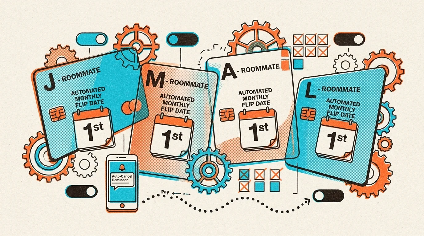 Four stylized credit cards with calendar icons surrounded by gears, toggle switches, and an auto-cancel reminder phone.