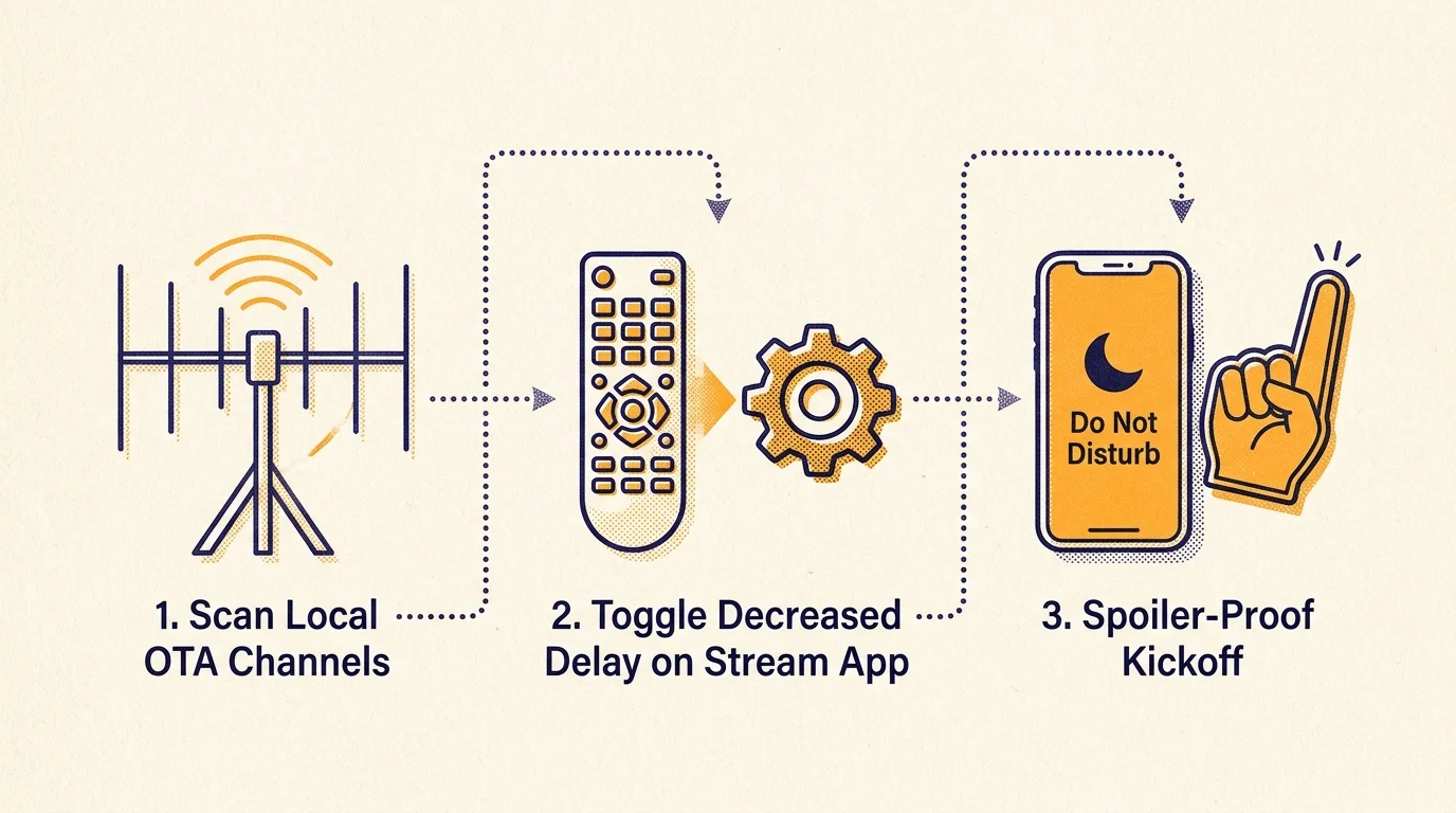 Three-step diagram with an antenna, a remote pointing to a gear, and a smartphone set to Do Not Disturb next to a foam finger.