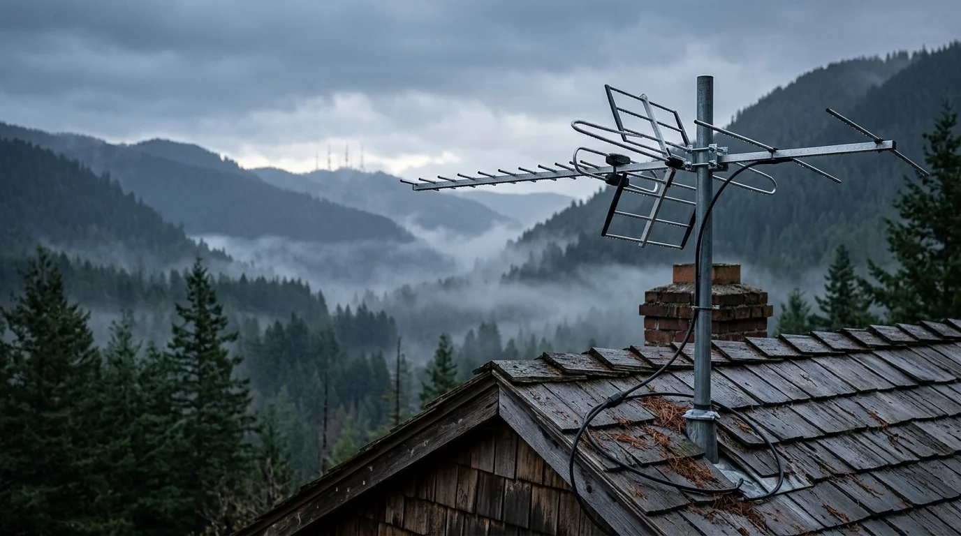 Television antenna mounted on a wood-shingled roof overlooking misty, forested mountains and pine trees.