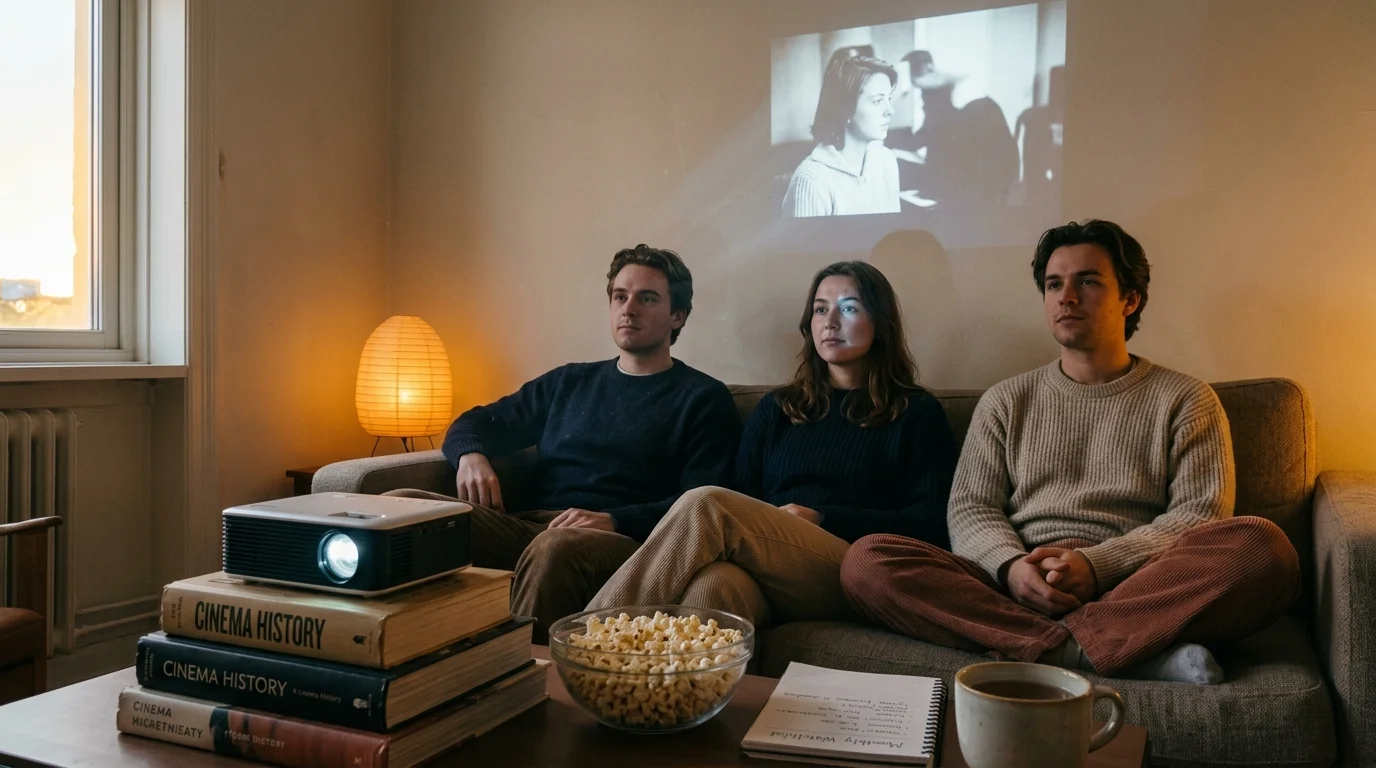 Three people sit on a couch watching a black-and-white film projected on a wall, with popcorn and a projector nearby.