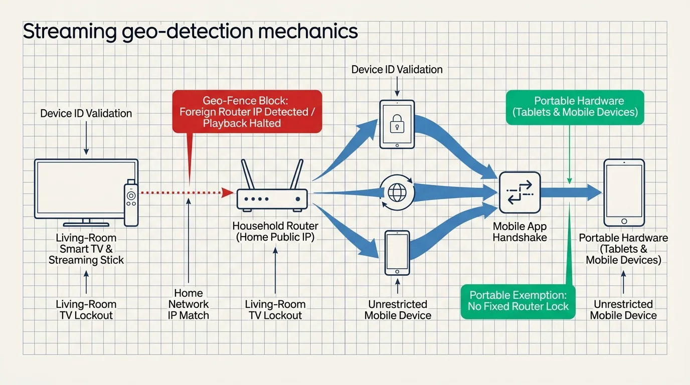 Diagram of streaming geo-detection mechanics contrasting a blocked living-room smart TV with unrestricted portable hardware.