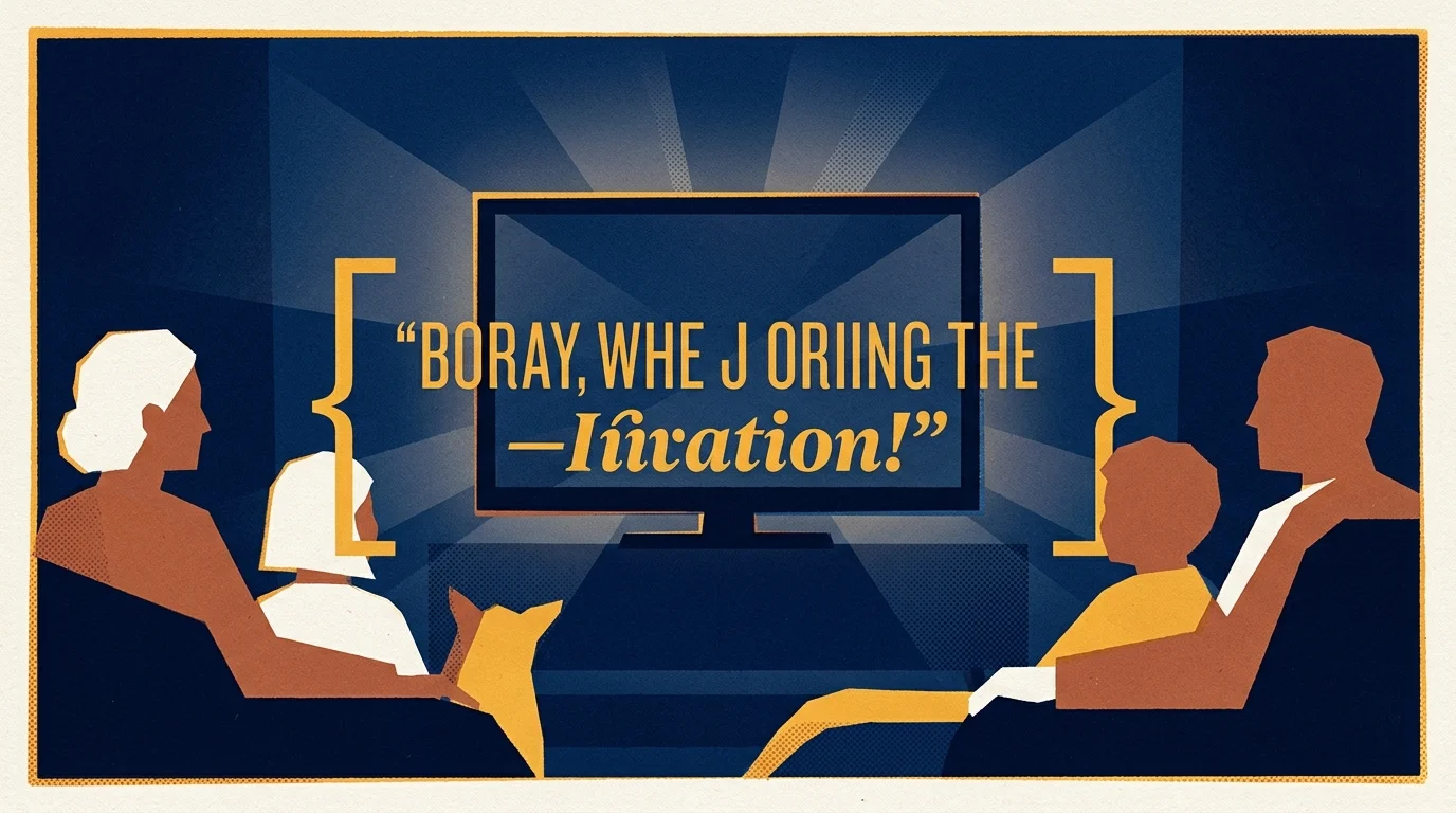 Illustration of a family watching a glowing television screen displaying stylized closed caption text.