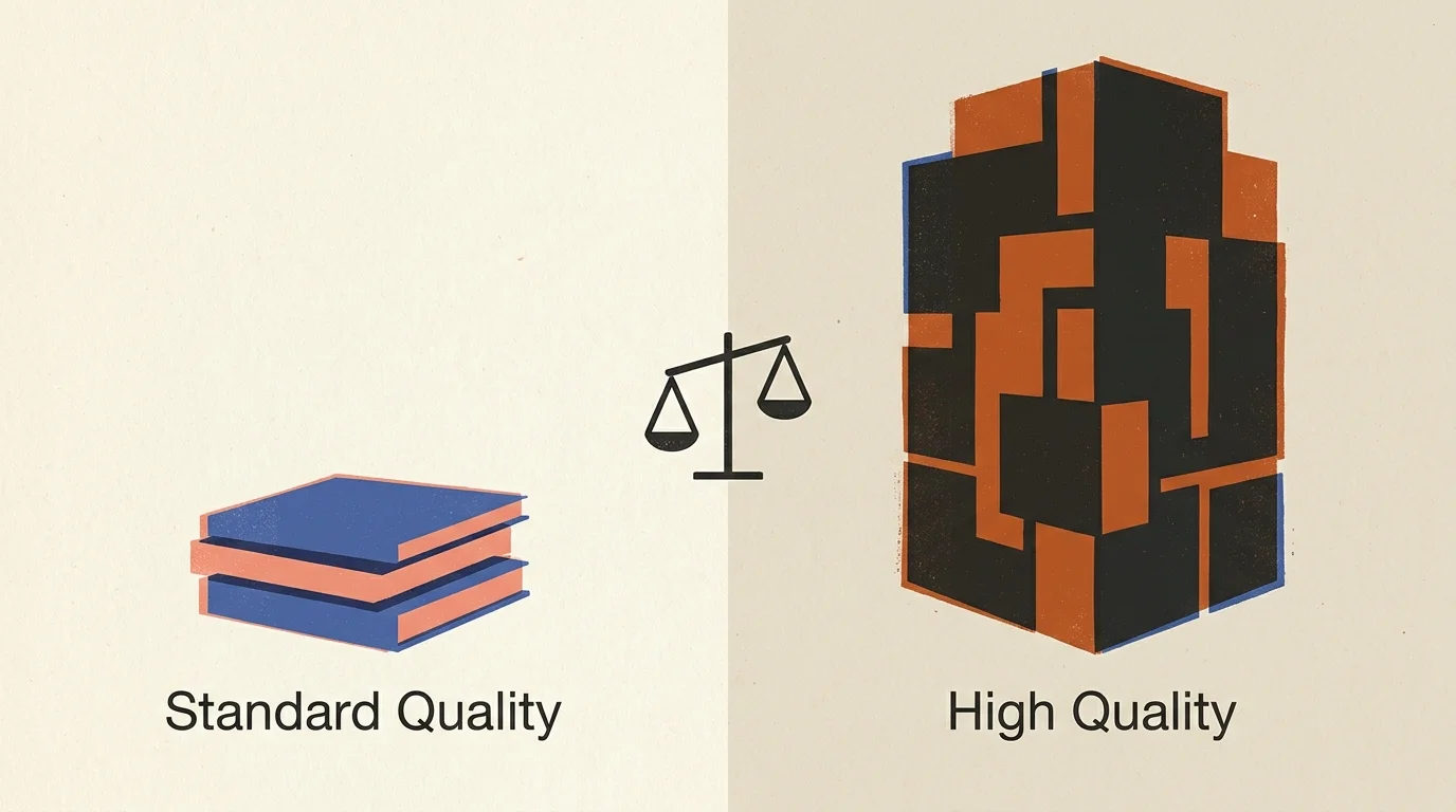 Illustration comparing a small stack of books labeled Standard Quality to a massive abstract block labeled High Quality.